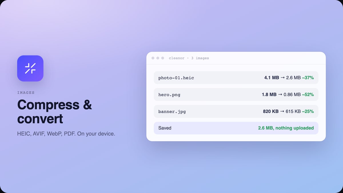 Image Optimizer: Compress and convert images, and capture pages, without uploading anything.