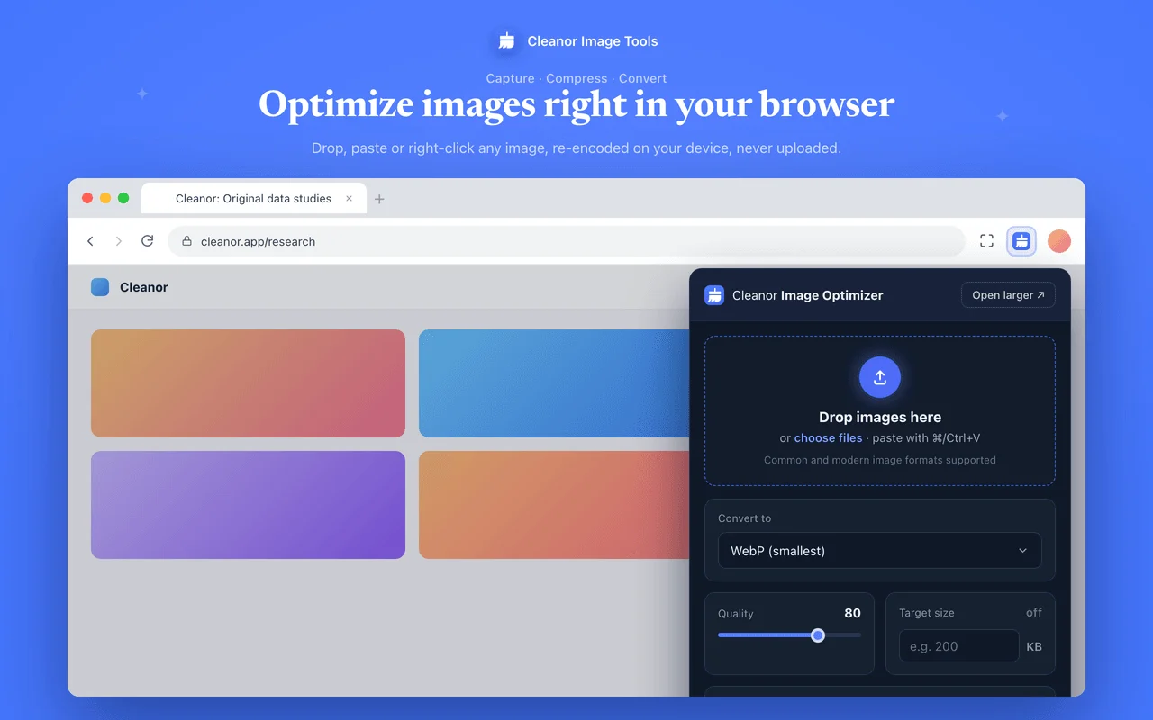 Compress and convert in the popup, with a quality slider and an exact target file size.