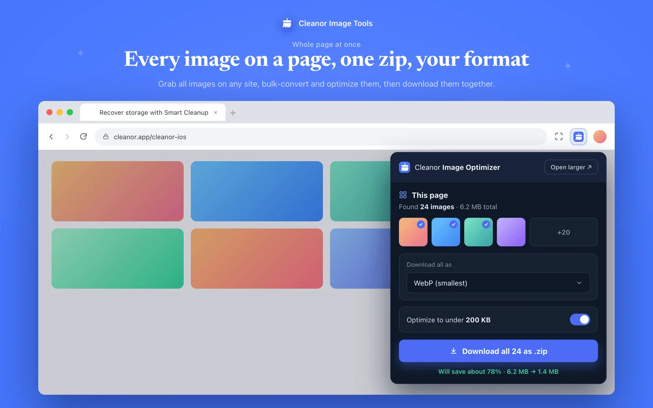 Grab every image on a page, bulk-convert them, and download the lot as one ZIP.