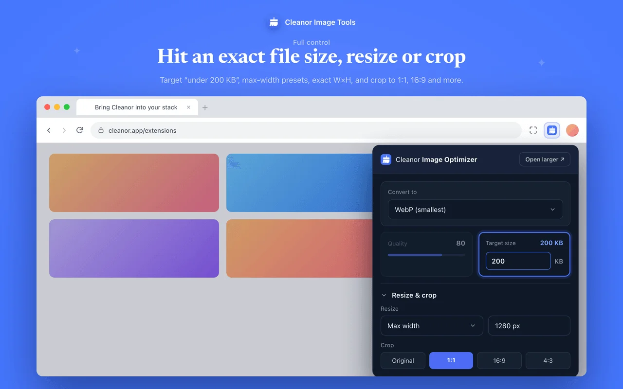 Hit an exact file size, resize to presets, and crop to 1:1, 16:9 and the rest.