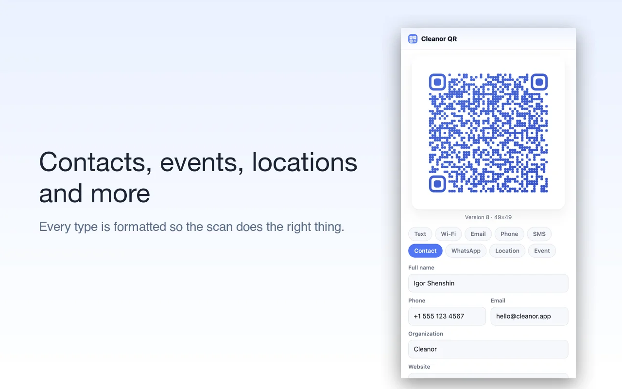 A contact card as a QR code, so a phone can save it without typing.