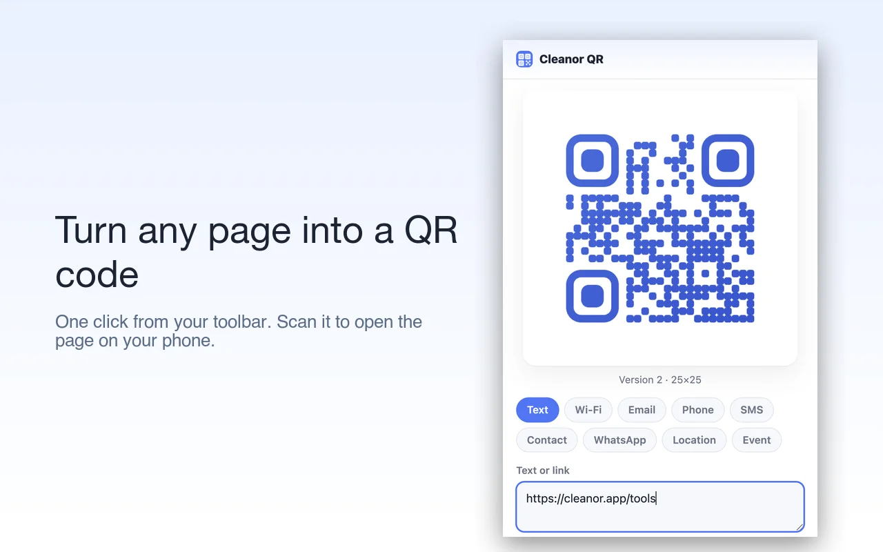 A QR code for the page you are on, in one click from the toolbar.