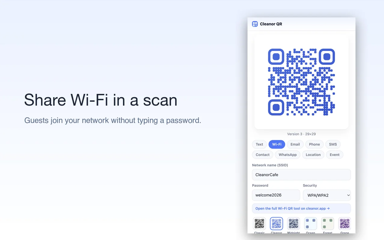 A Wi-Fi QR code guests scan to join, with no password typed by hand.