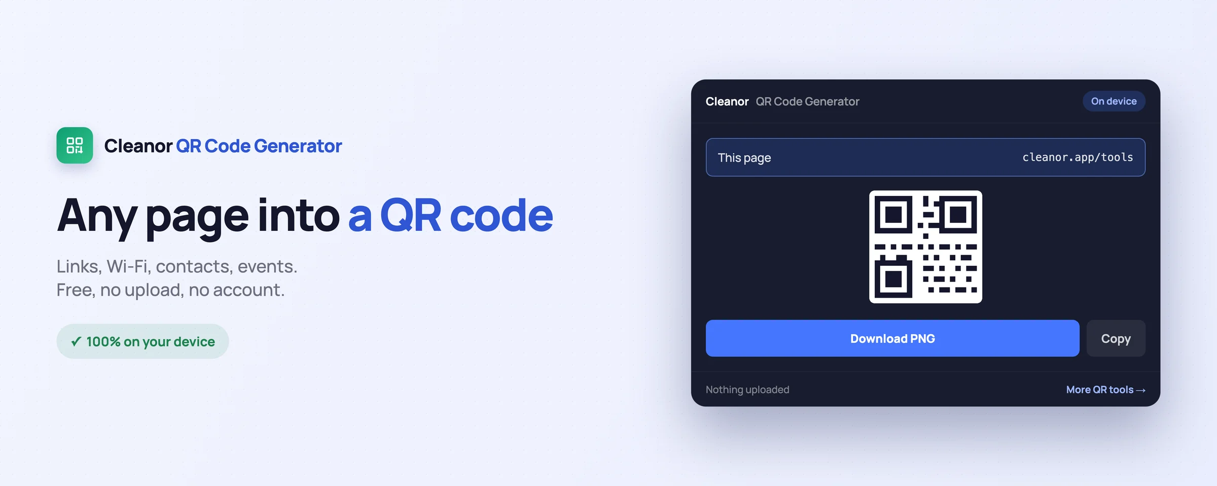 Cleanor QR Code Generator Chrome extension turning the current page into a scannable QR code, generated on device with nothing uploaded.