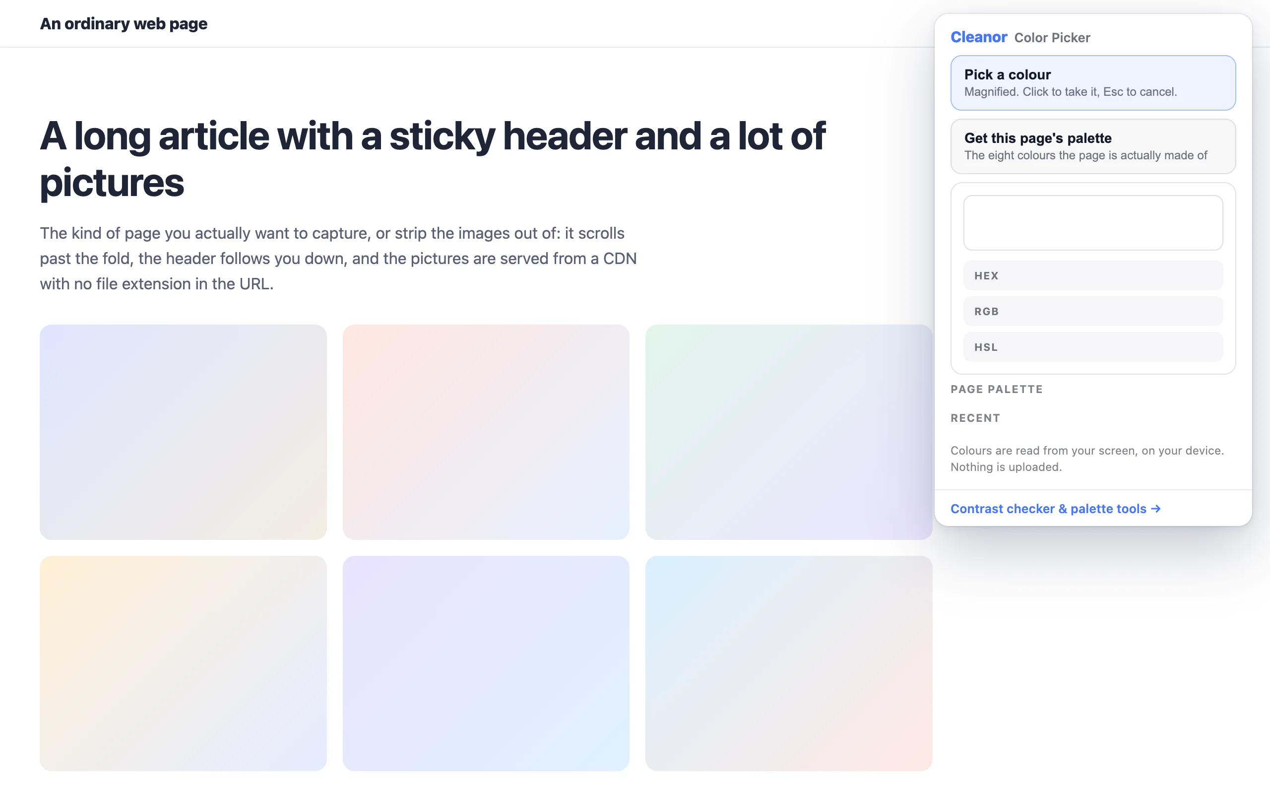 Pick a colour, see it as HEX, RGB and HSL, and copy any of them with one click.