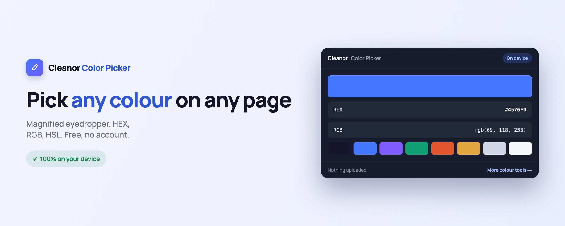 Cleanor Color Picker Chrome extension showing a colour picked from a page as HEX #4576FD, RGB and HSL, with the page palette below it, read on device.