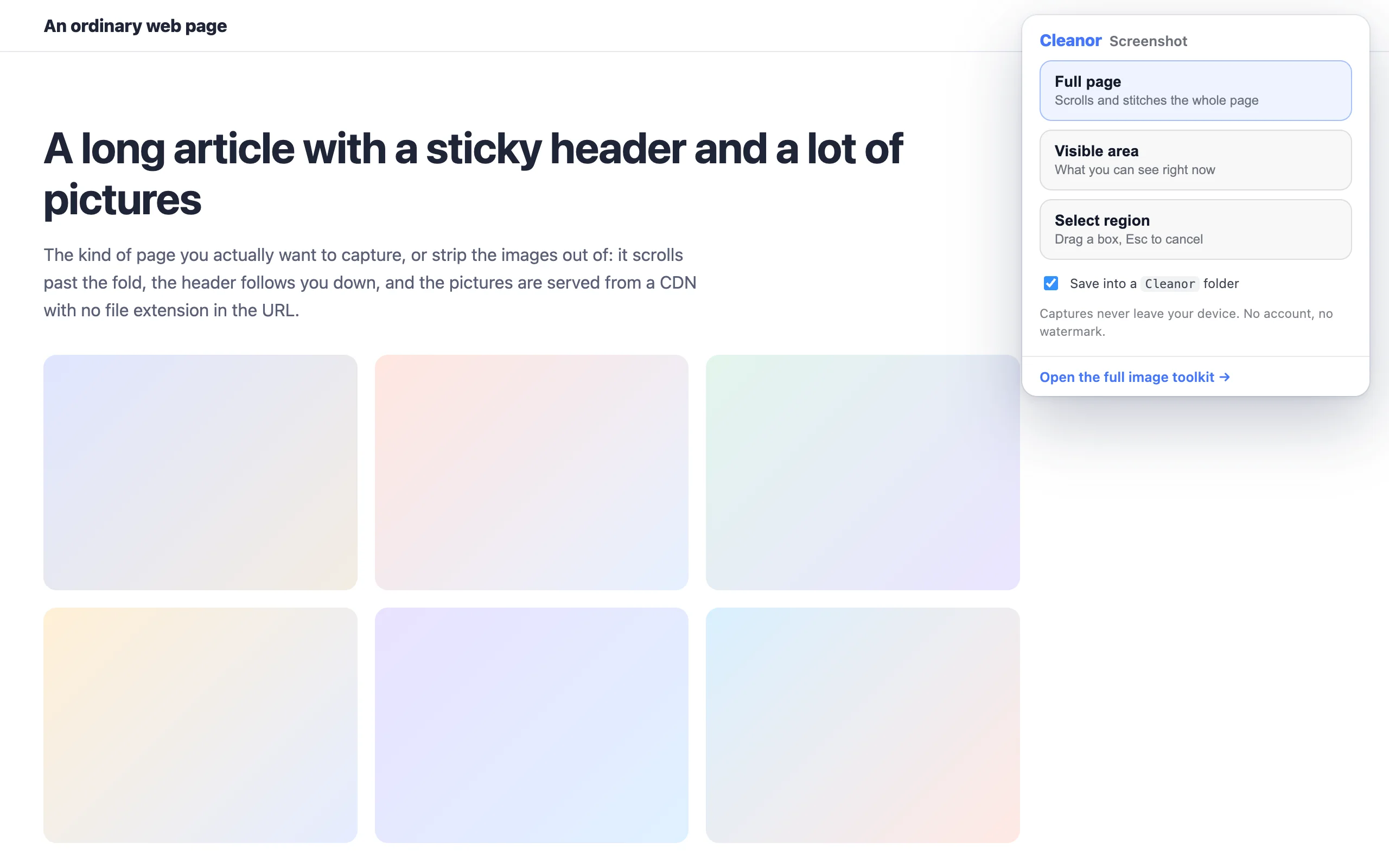 Three capture modes in the popup: the full scrolling page, the visible area, or a region you draw.