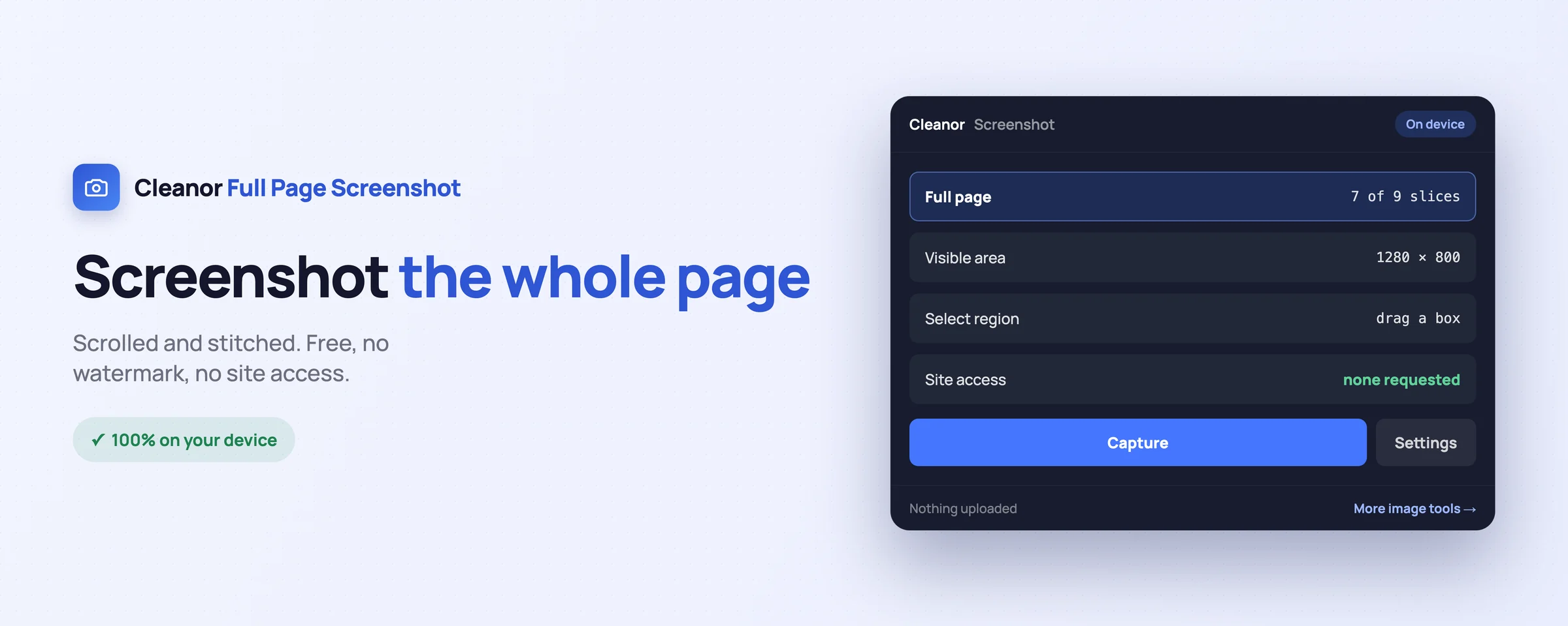 Full Page Screenshot Chrome extension capturing a whole scrolling page, 7 of 9 slices stitched, with no site access requested.