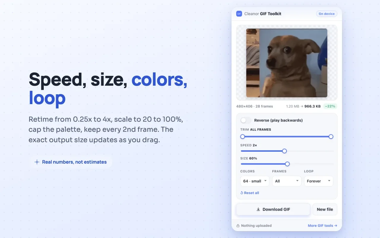Speed a GIF up or slow it down by re-timing the frames rather than re-encoding it badly.