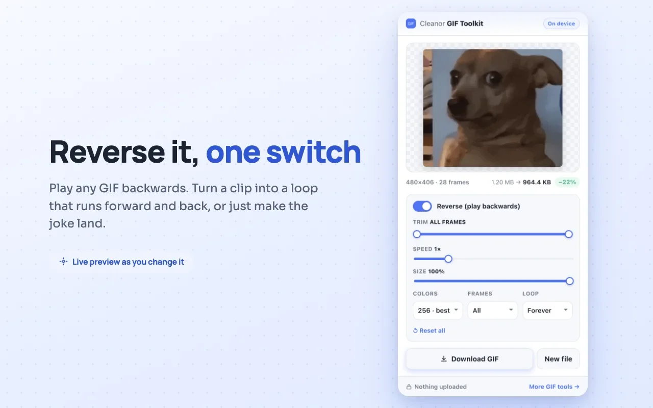 Reverse a GIF frame by frame, in one click, in your browser.