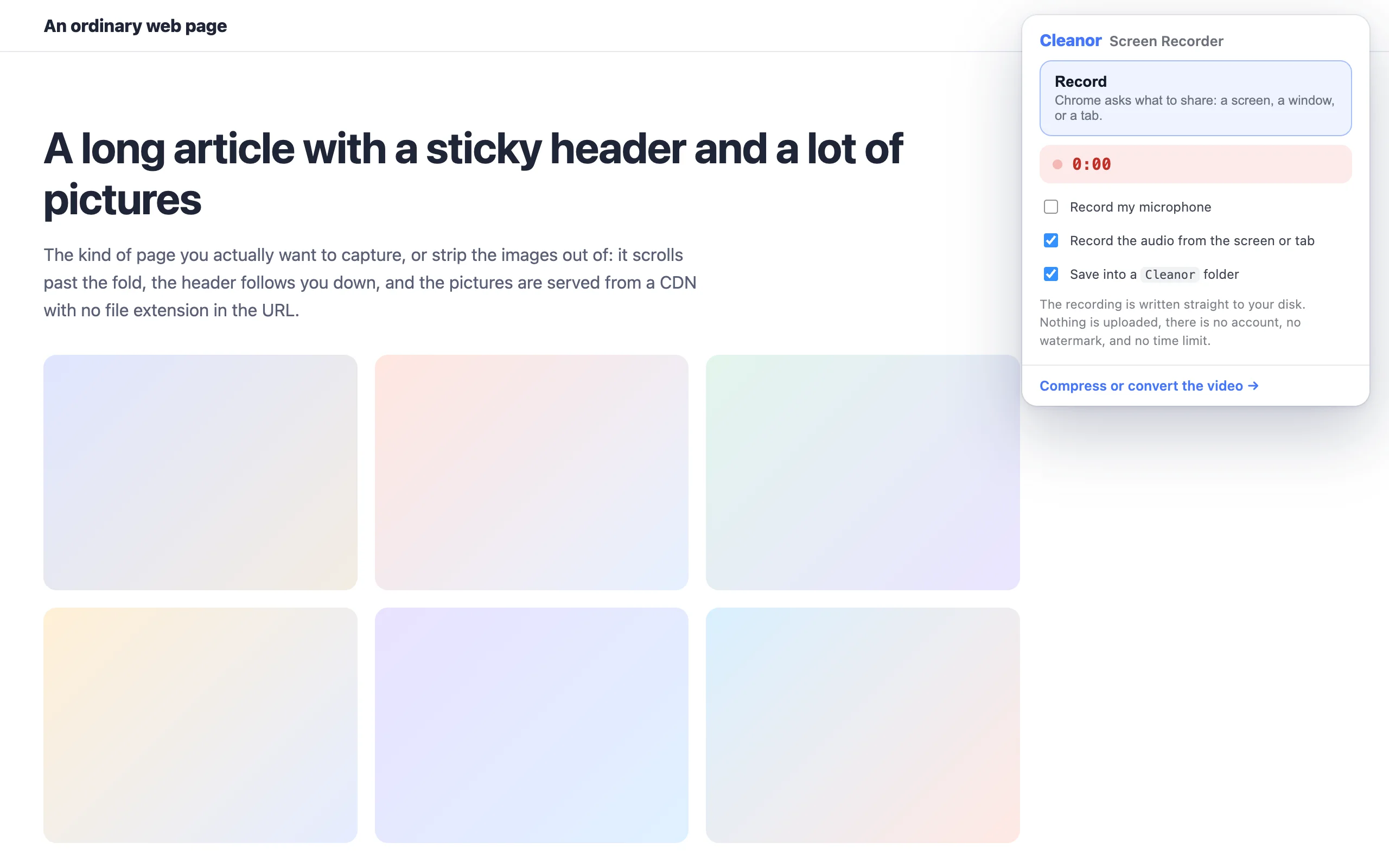 One button. Chrome asks whether to record a screen, a window or a single tab.