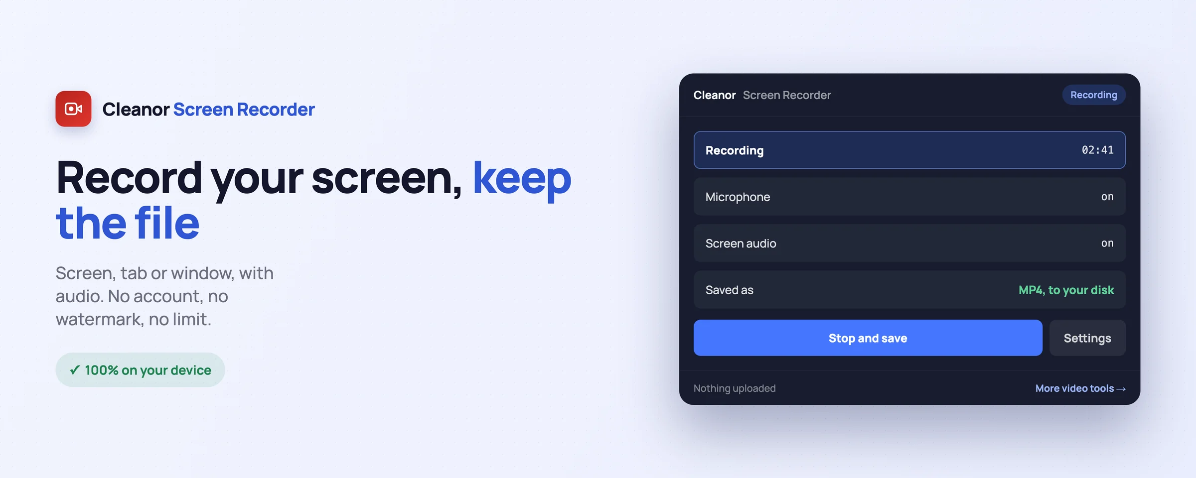 Cleanor Screen Recorder Chrome extension recording for 2 minutes 41 seconds with the microphone and screen audio on, saving an MP4 straight to disk.